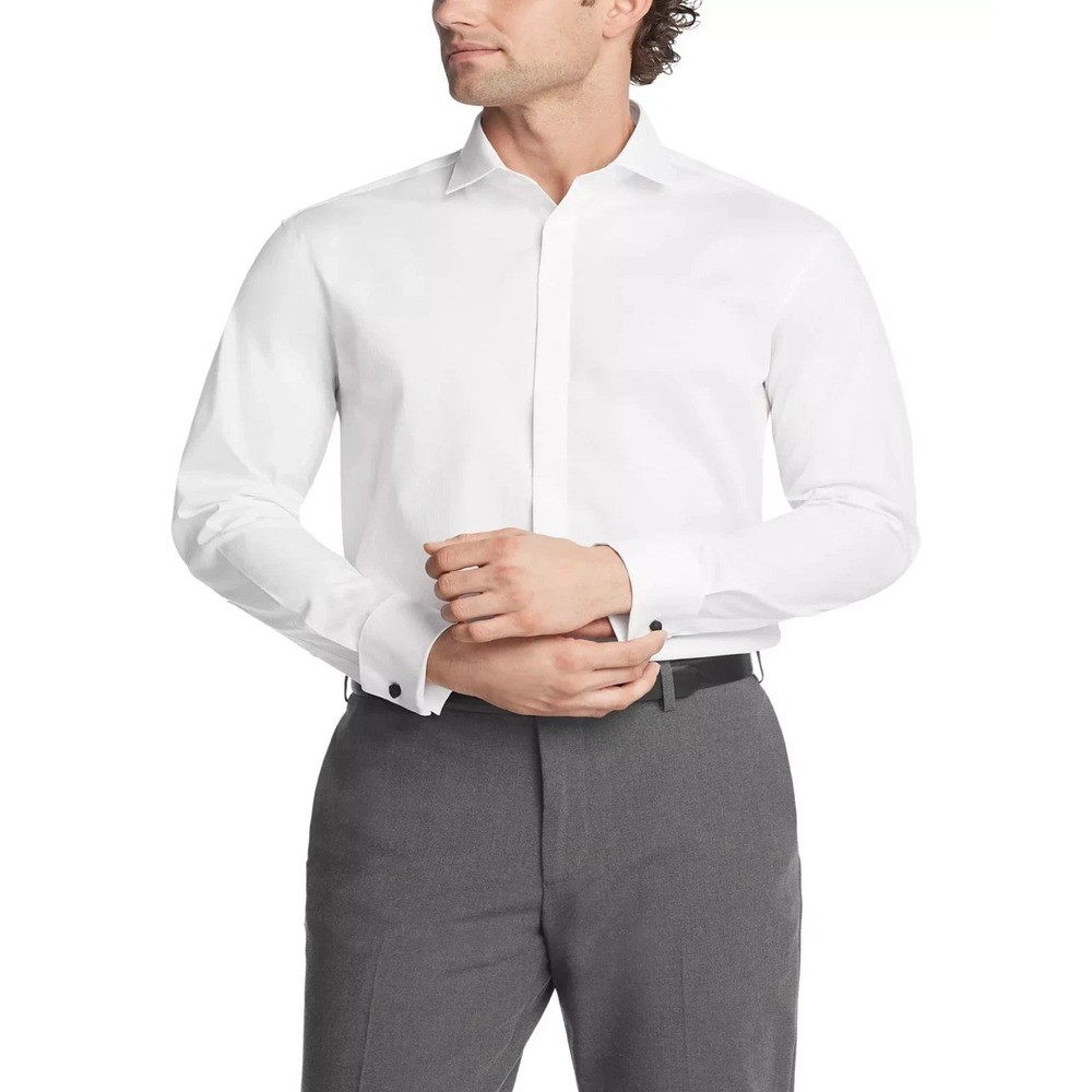 NWT Calvin Klein Dress Shirt Men's L 16.5 White Cotton Steel+ Slim Herringbone